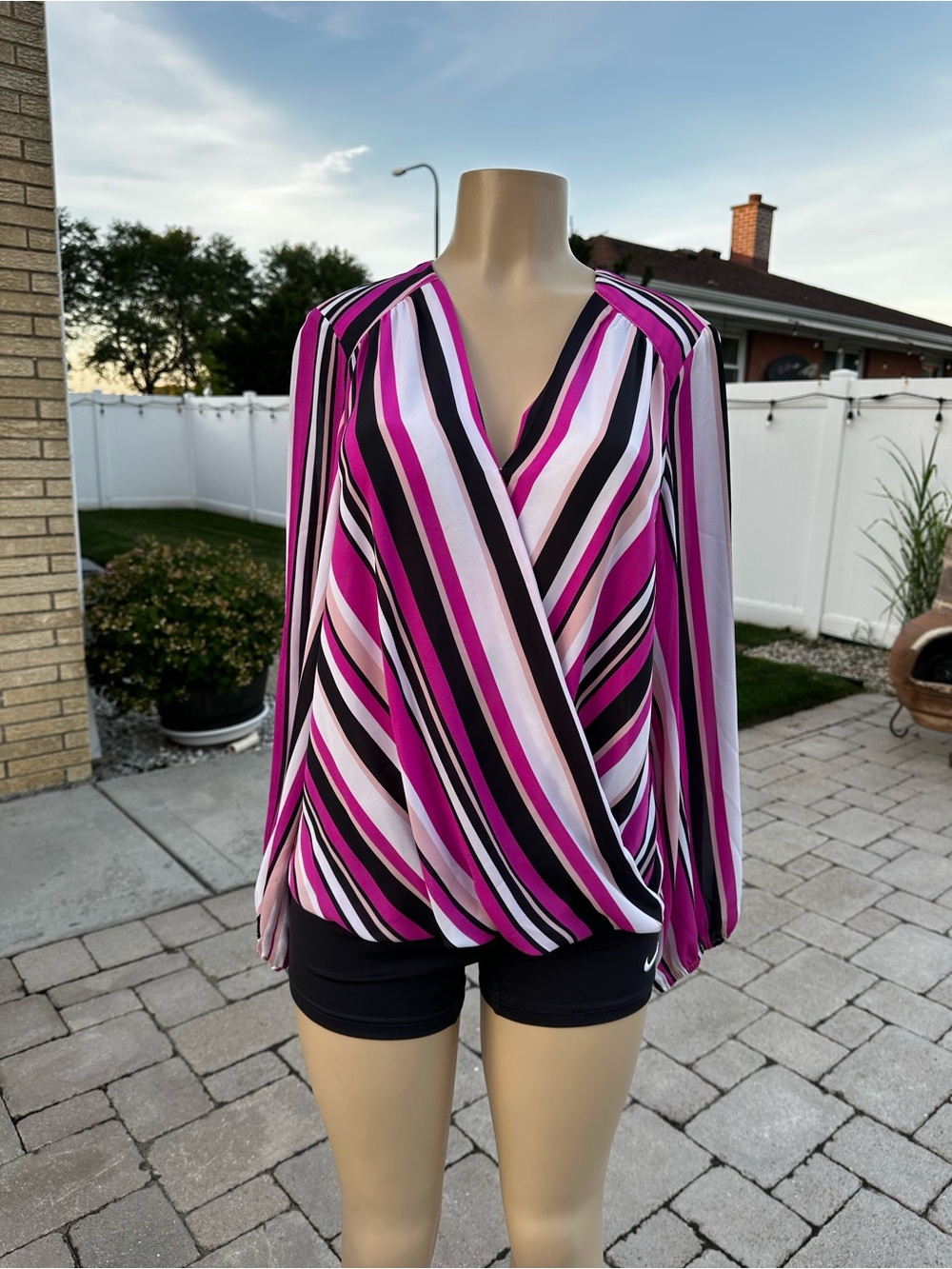 INC International Striped Wrap-Front Blouse in Pink and Black size M
